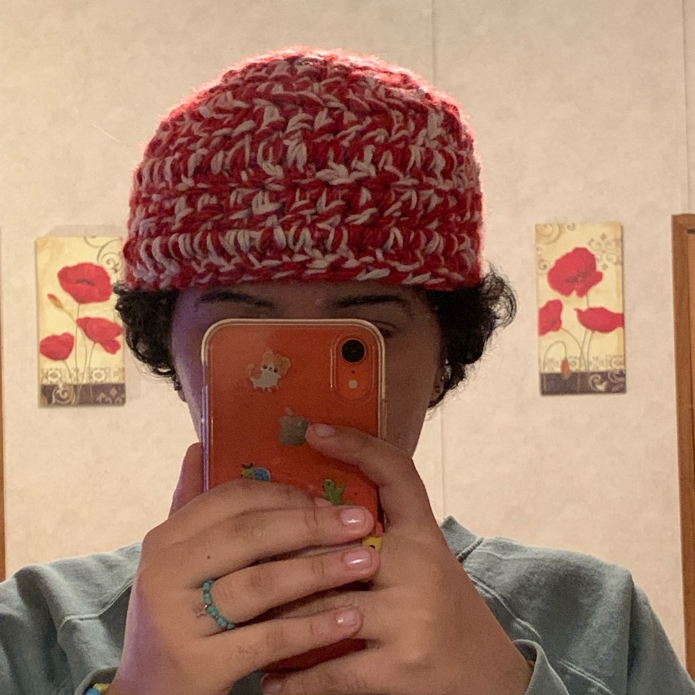 Red and white crochet hat
